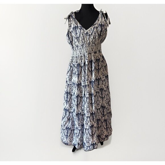 LA PLAGE Size Large Beaufort Strappy Maxi Dress Blue White Pockets Resort Boho - Picture 7 of 16